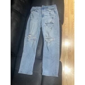 American Eagle Mom Straight Jeans Size 10 Ripped Light Blue Straight Leg